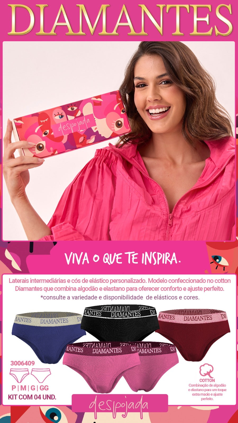 Kit com 4 calcinhas biquíni de cotton na caixa costa padrão Toque que Cuida