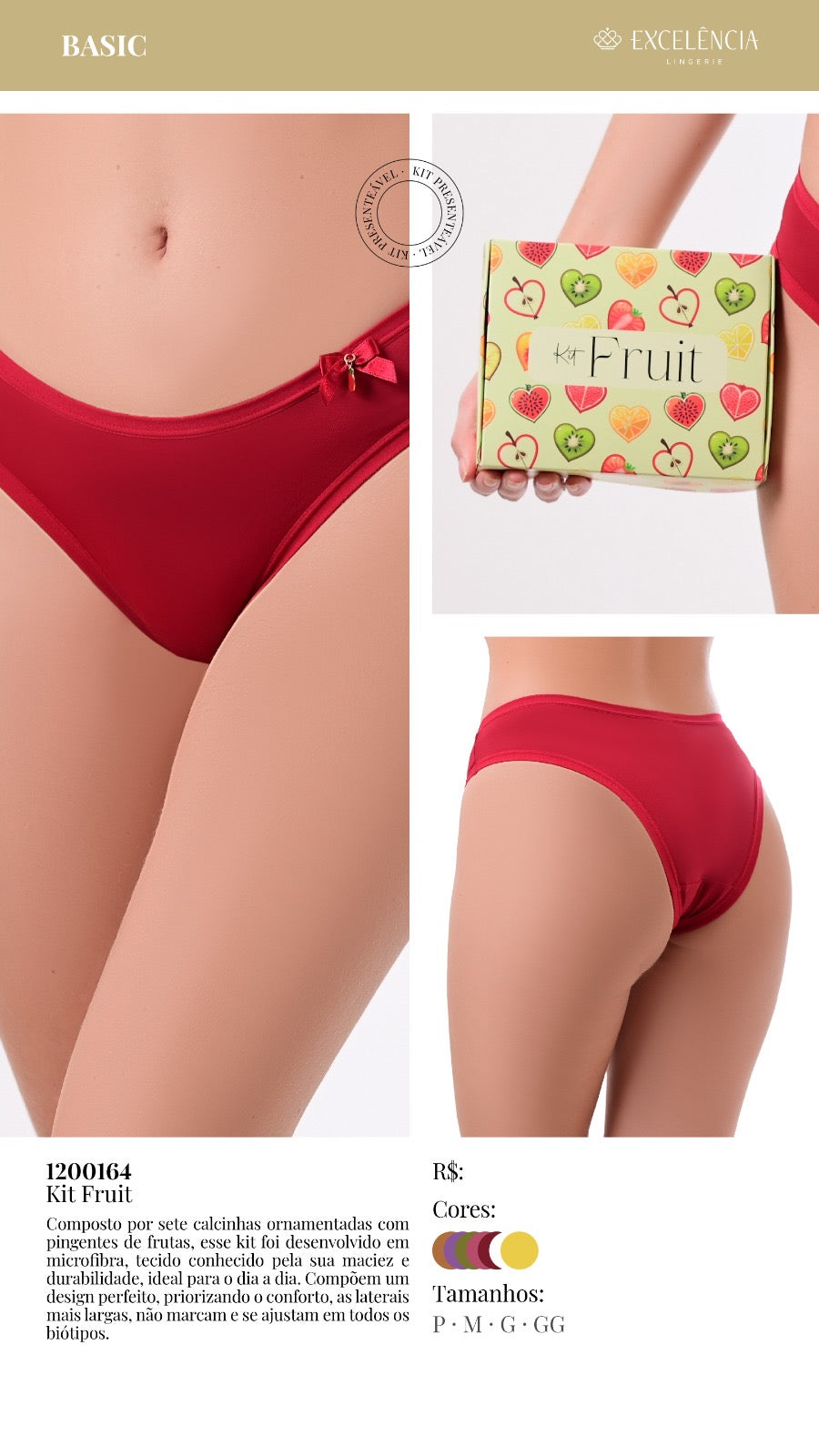 Kit com 7 calcinhas em microfibra ornamentadas com pingentes de frutas.