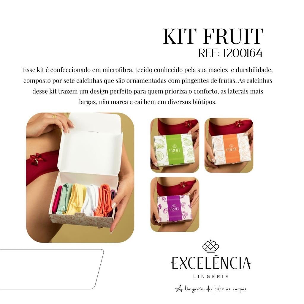 Kit com 7 calcinhas em microfibra ornamentadas com pingentes de frutas.