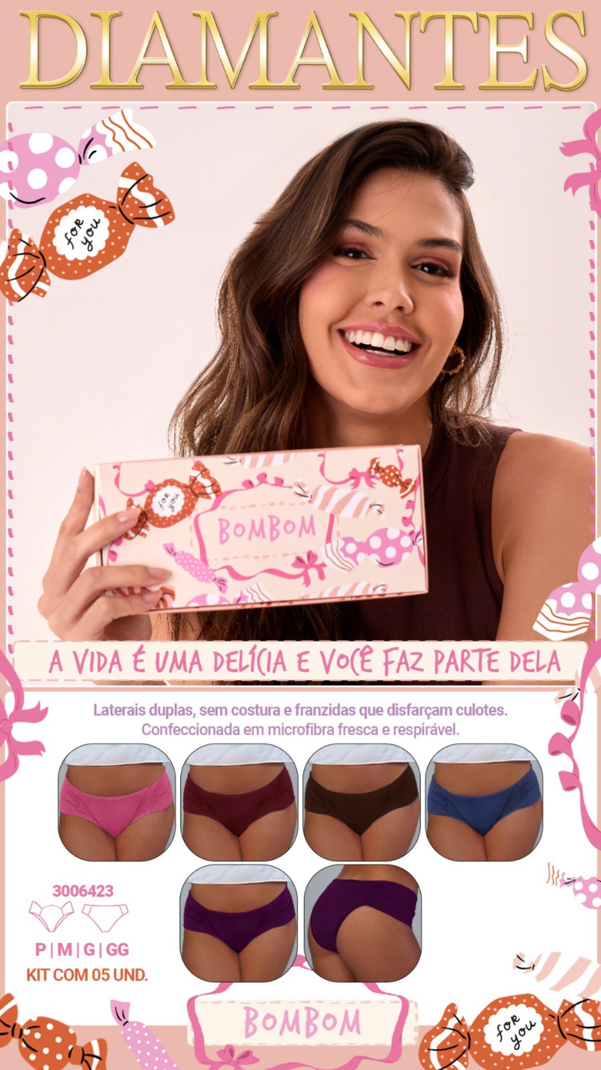 Kit com 5 calcinhas Bombom de  microfibra na caixa cupcake Lovy